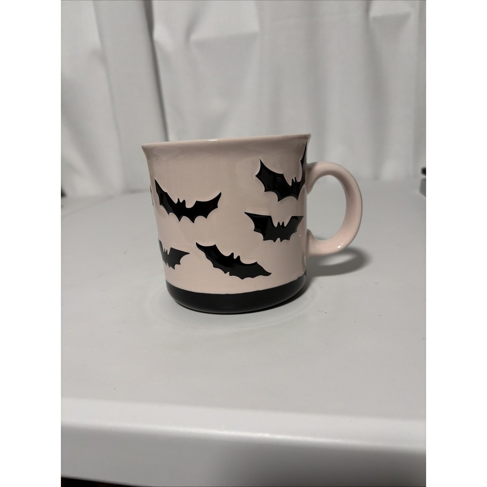 Toil And Trouble Halloween Mug Pastel Pink With Black Bats